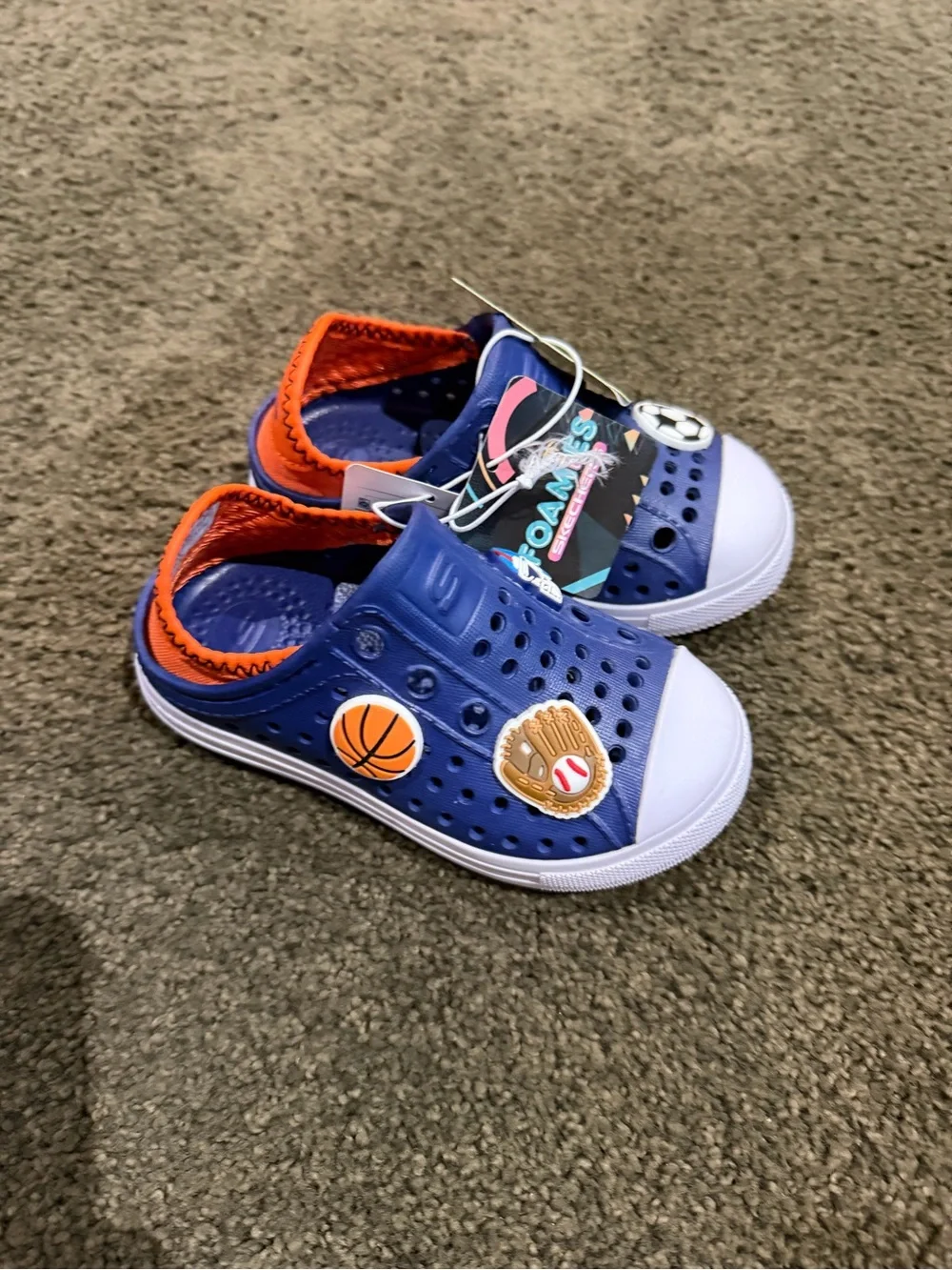 Skechers Blue Foamies Slip-On Clogs with Orange Lining and White Toecaps sz 7